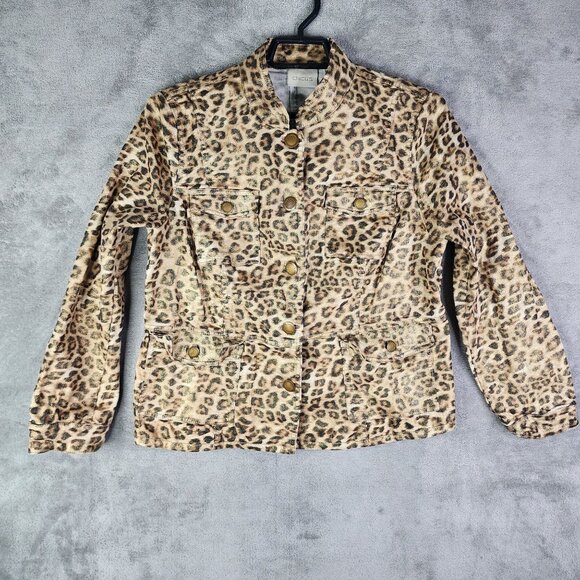 Chico's Brown Leopard Print Jacket Button Up Front Pockets Long Sleeve Size 1 - Picture 2 of 12